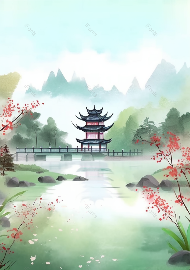 绿色小清新亭子山水中国风背景,插画/手绘图,插画/手绘图库,插画/手绘图下载,插画/手绘